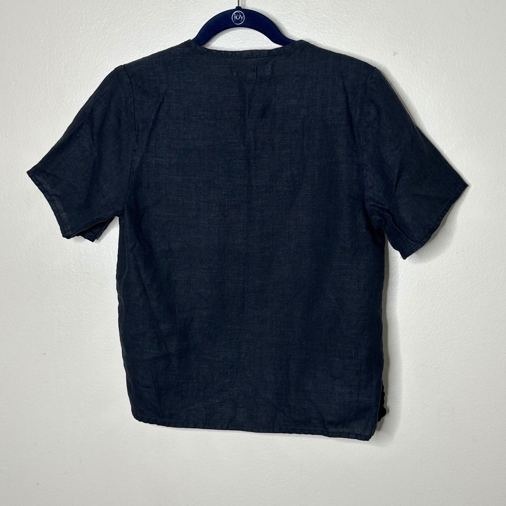 FLAX Short Sleeve Top Black 100% Linen Scoop Neck Petite P (4-6) - Picture 5 of 7